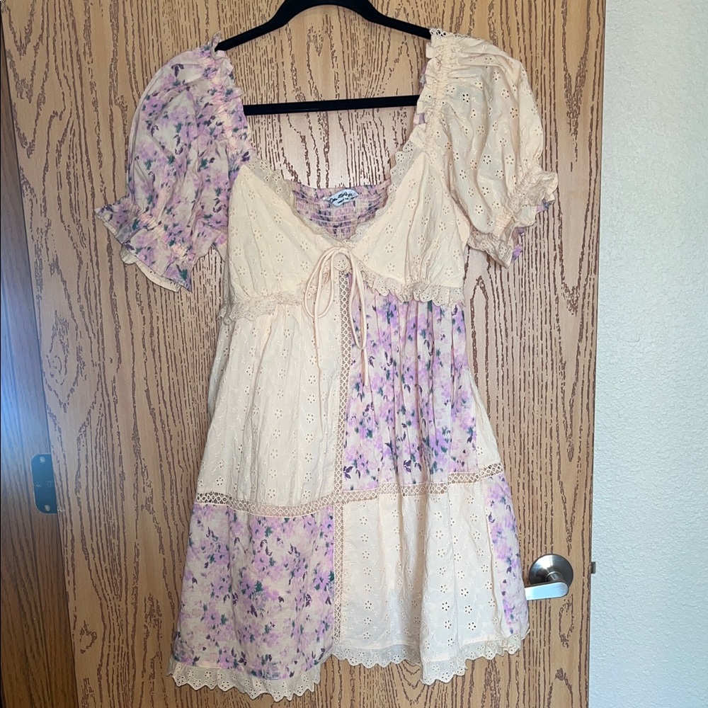 Floral Patchwork Dress with Puff Sleeves